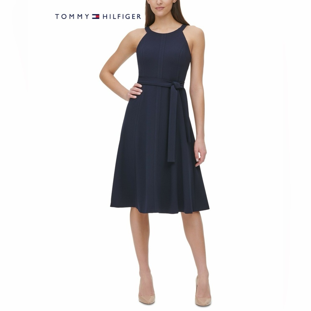 Tommy Hilfiger Fit and Flare Midi Dress with Belt - Navy